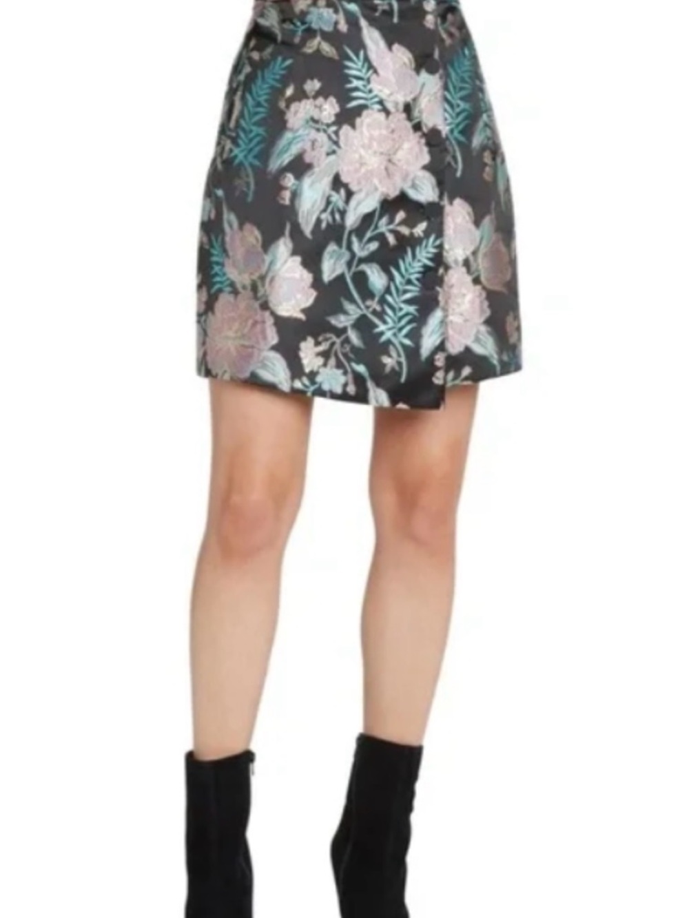 Willow & Clay Black Floral Jacquard Mini Skirt with Pink & Teal Accents